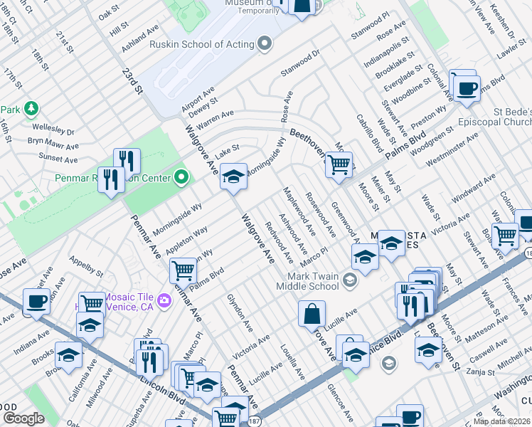 map of restaurants, bars, coffee shops, grocery stores, and more near 3460 Redwood Avenue in Los Angeles