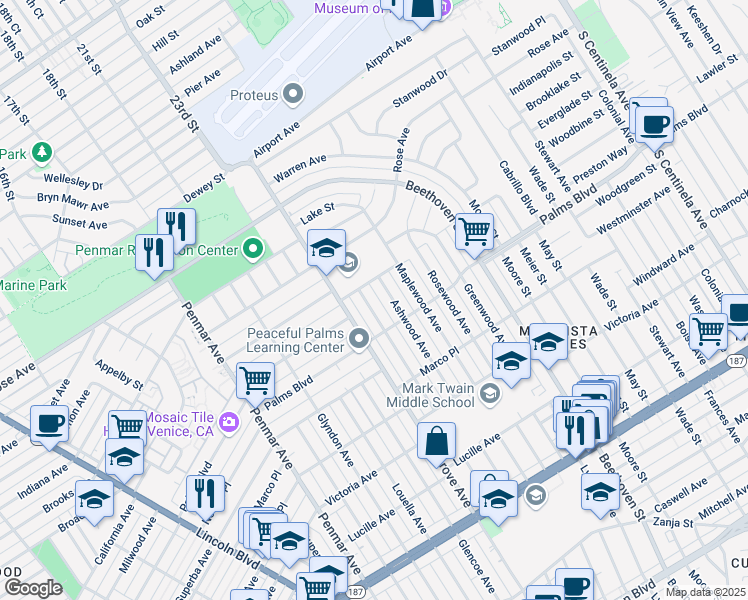 map of restaurants, bars, coffee shops, grocery stores, and more near 3460 Redwood Avenue in Los Angeles