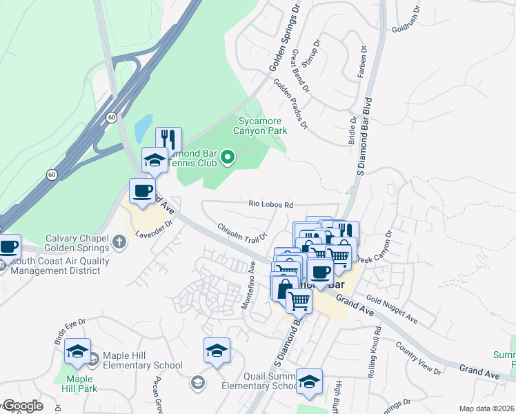 map of restaurants, bars, coffee shops, grocery stores, and more near 22918 Rio Lobos Road in Diamond Bar