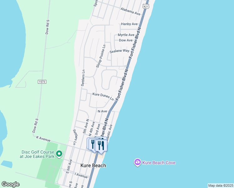 map of restaurants, bars, coffee shops, grocery stores, and more near 461 Fort Fisher Boulevard North in Kure Beach