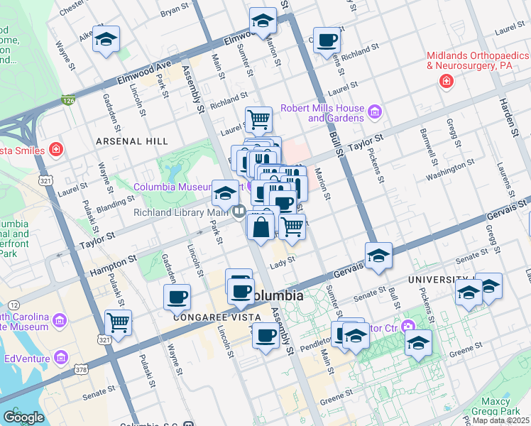 map of restaurants, bars, coffee shops, grocery stores, and more near 1441 Main Street in Columbia