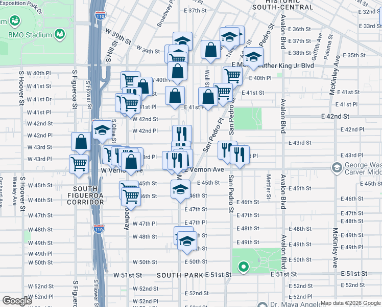map of restaurants, bars, coffee shops, grocery stores, and more near 4322 South Main Street in Los Angeles