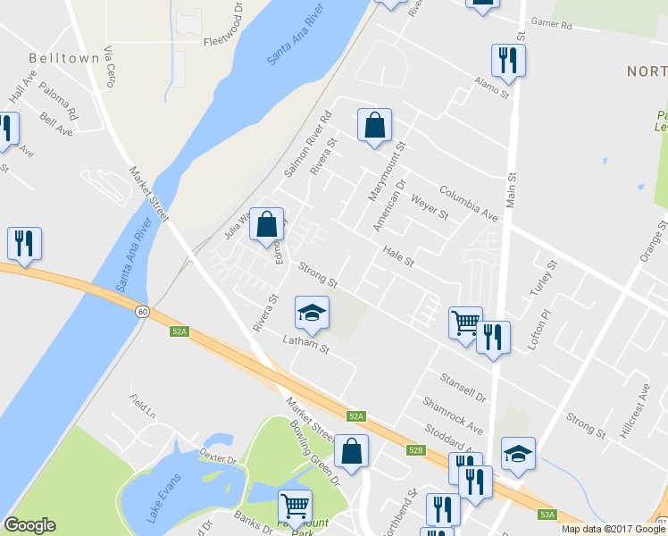 map of restaurants, bars, coffee shops, grocery stores, and more near 1653 Sunup Circle in Riverside