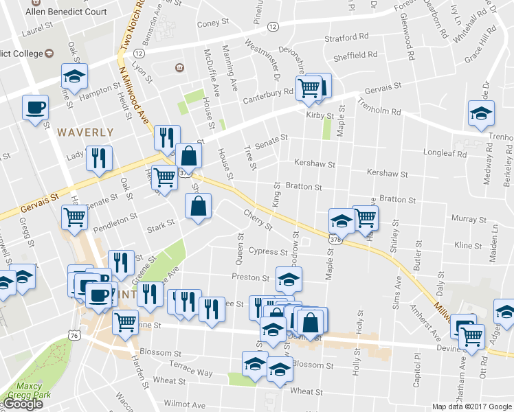 map of restaurants, bars, coffee shops, grocery stores, and more near 2527 Millwood Avenue in Columbia
