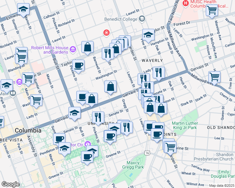 map of restaurants, bars, coffee shops, grocery stores, and more near 1835 Gervais Street in Columbia