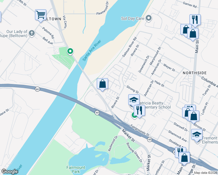 map of restaurants, bars, coffee shops, grocery stores, and more near 1796 Carrie Way in Riverside