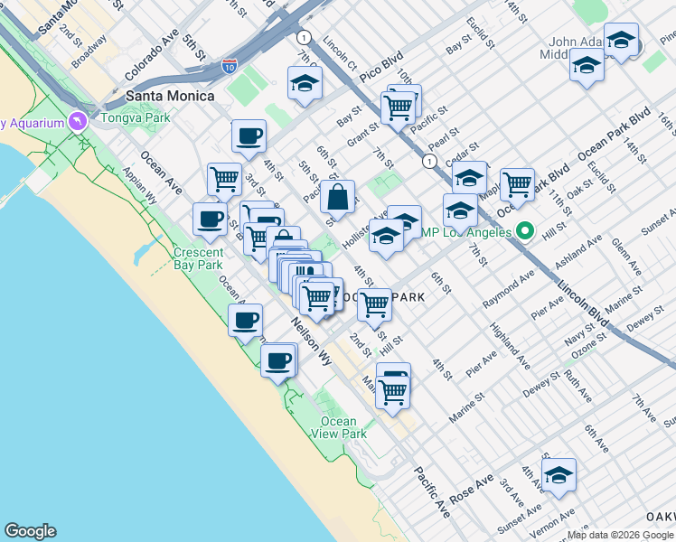 map of restaurants, bars, coffee shops, grocery stores, and more near 2411 3rd Street in Santa Monica