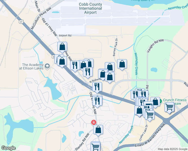 map of restaurants, bars, coffee shops, grocery stores, and more near 1650 North Roberts Road in Kennesaw