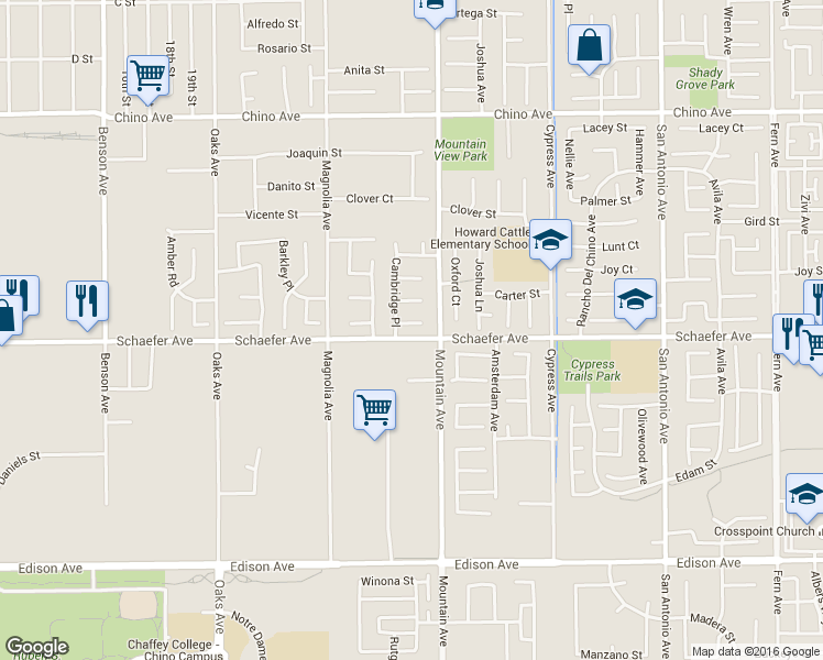 map of restaurants, bars, coffee shops, grocery stores, and more near 6237 Ashley Court in Chino