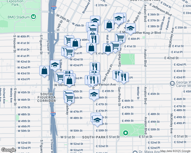 map of restaurants, bars, coffee shops, grocery stores, and more near 4322 South Main Street in Los Angeles
