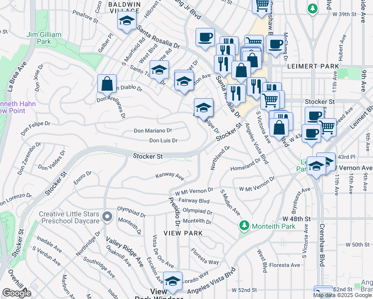 map of restaurants, bars, coffee shops, grocery stores, and more near 3953 Don Tomaso Drive in Los Angeles