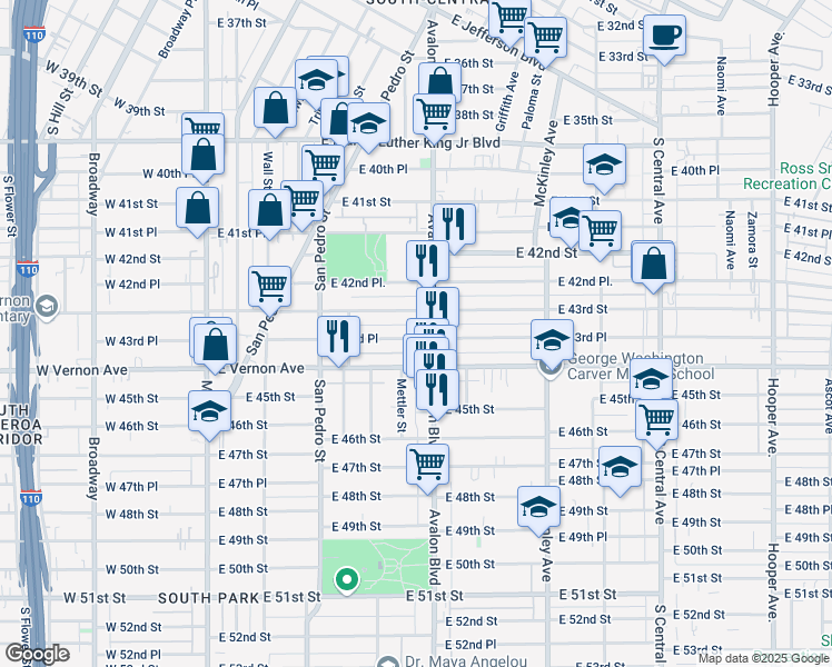 map of restaurants, bars, coffee shops, grocery stores, and more near 475 East 43rd Place in Los Angeles