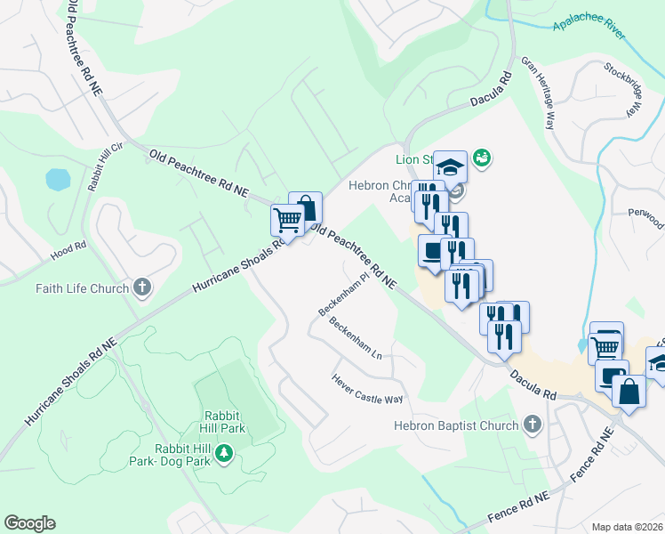 map of restaurants, bars, coffee shops, grocery stores, and more near 436 Lily Shoals Ln in Dacula