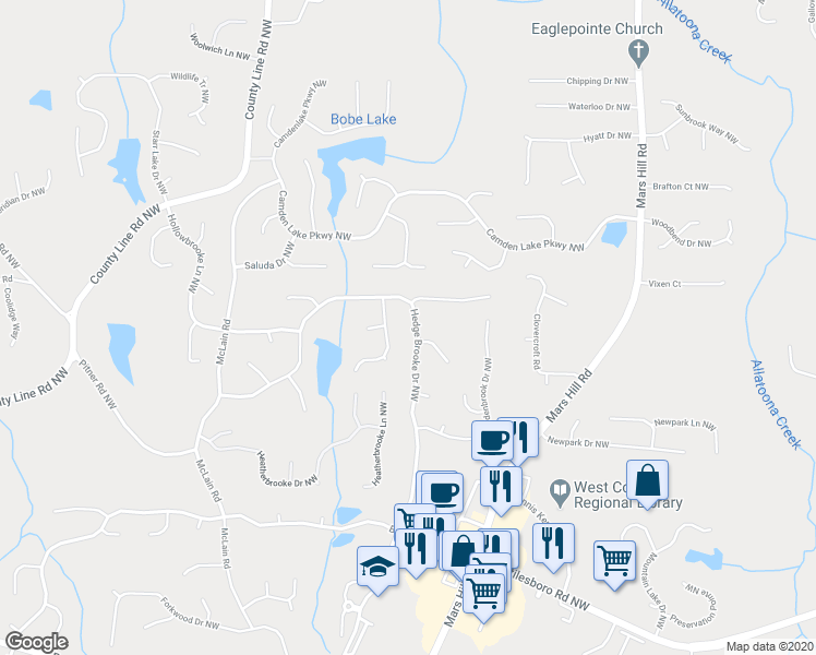 map of restaurants, bars, coffee shops, grocery stores, and more near 5529 Hedge Brooke Drive Northwest in Acworth