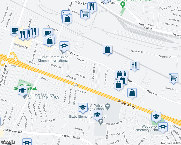map of restaurants, bars, coffee shops, grocery stores, and more near 16351 Shadybend Drive in Hacienda Heights