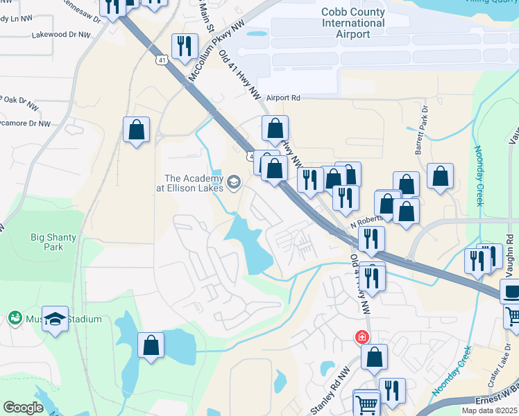 map of restaurants, bars, coffee shops, grocery stores, and more near 1865 Ellison Lakes Court in Kennesaw