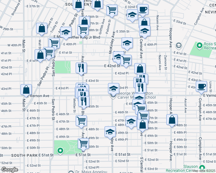 map of restaurants, bars, coffee shops, grocery stores, and more near 815 East 43rd Place in Los Angeles