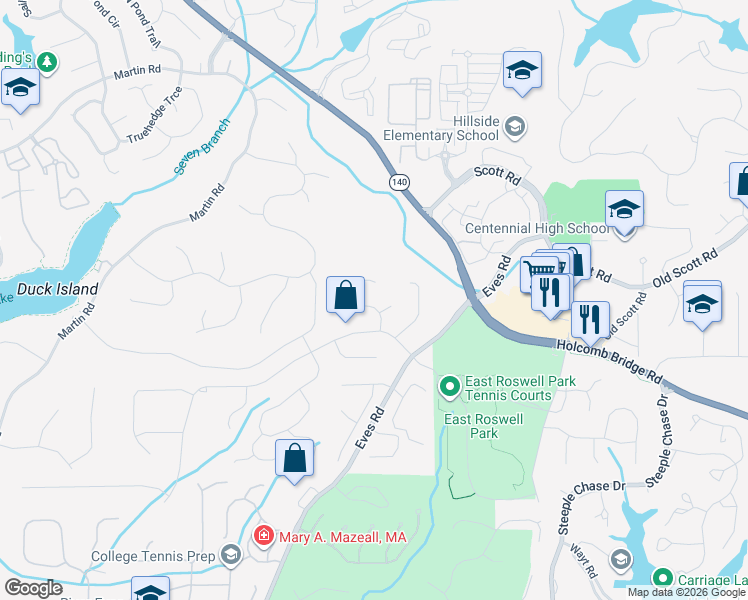 map of restaurants, bars, coffee shops, grocery stores, and more near 455 Silver Pine Trail in Roswell