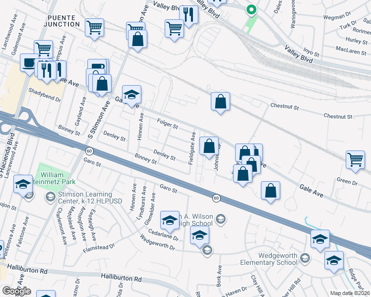 map of restaurants, bars, coffee shops, grocery stores, and more near 16351 Shadybend Drive in Hacienda Heights