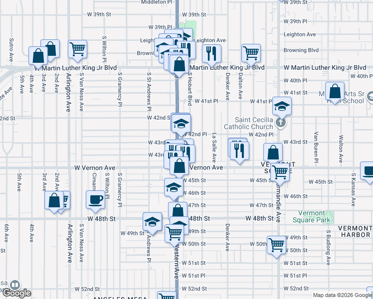 map of restaurants, bars, coffee shops, grocery stores, and more near 4301 South Hobart Boulevard in Los Angeles