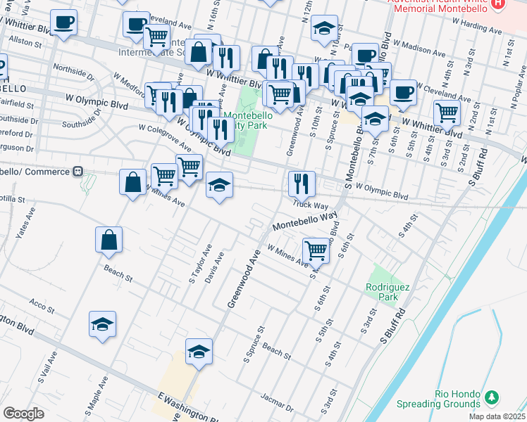 map of restaurants, bars, coffee shops, grocery stores, and more near 525 South Greenwood Avenue in Montebello