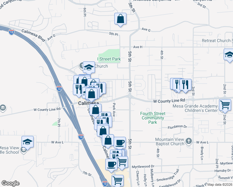 map of restaurants, bars, coffee shops, grocery stores, and more near 33575 #2 Yucaipa Boulevard in Yucaipa