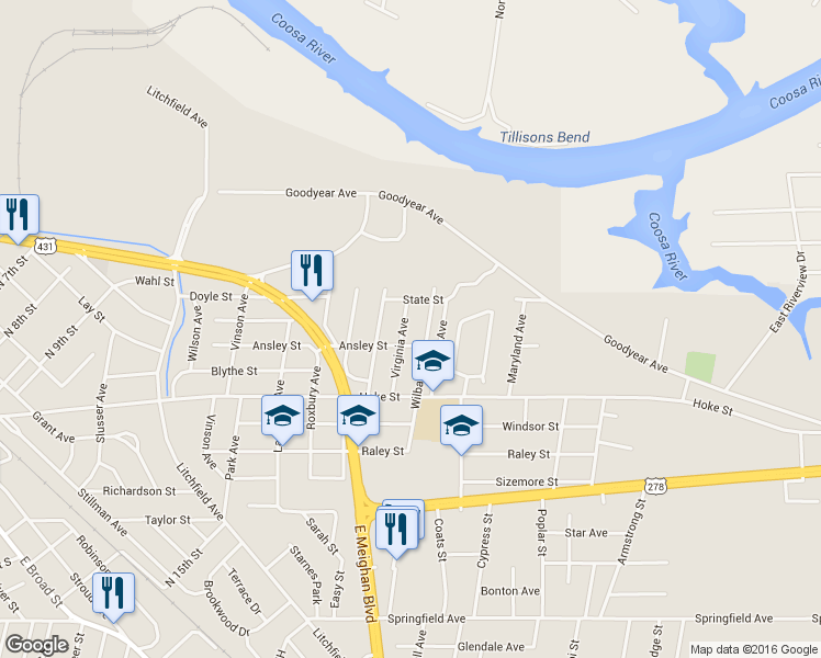 map of restaurants, bars, coffee shops, grocery stores, and more near 912 Virginia Avenue in Gadsden