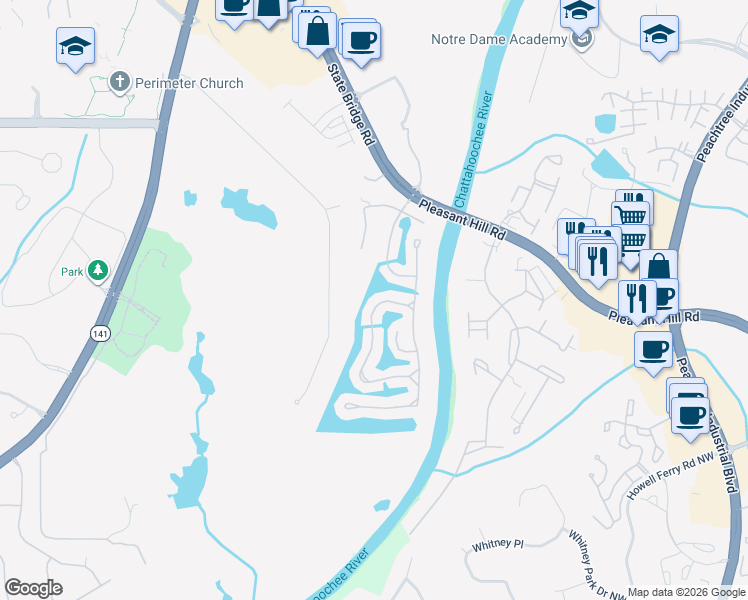 map of restaurants, bars, coffee shops, grocery stores, and more near 5860 Hershinger Close in Duluth
