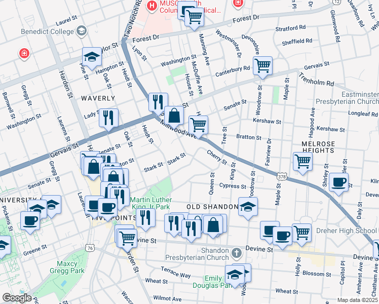 map of restaurants, bars, coffee shops, grocery stores, and more near 918 Short Street in Columbia