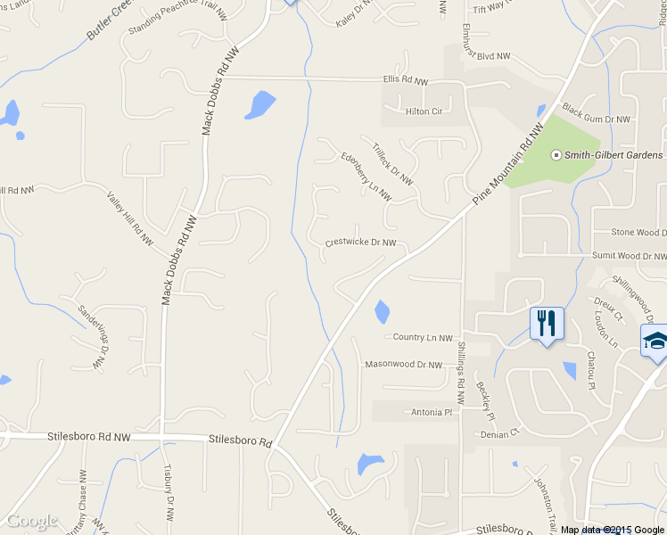 map of restaurants, bars, coffee shops, grocery stores, and more near 2837 Crestwicke Drive Northwest in Kennesaw