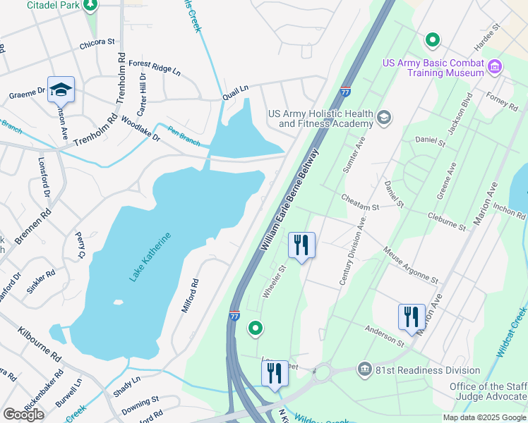 map of restaurants, bars, coffee shops, grocery stores, and more near 1700 Shady Lane in Columbia