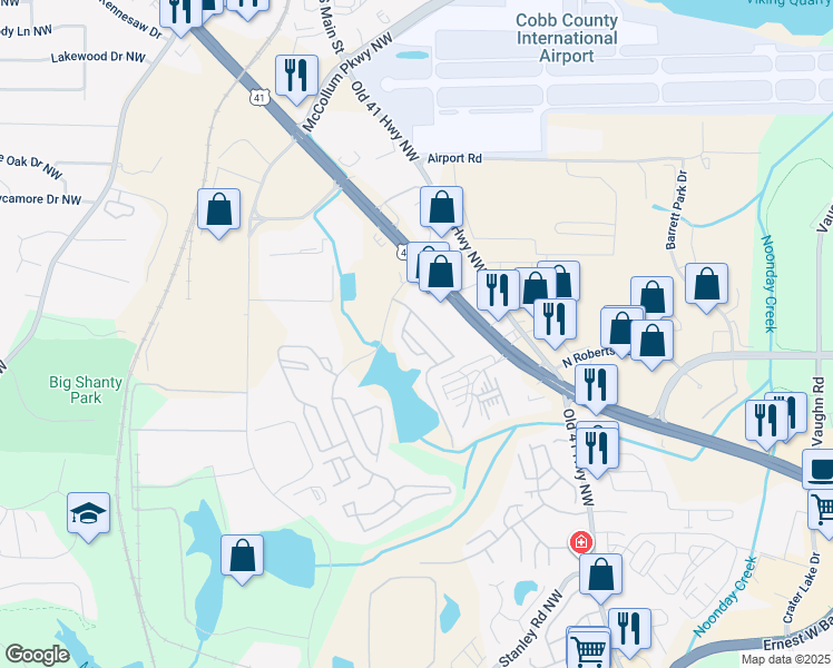 map of restaurants, bars, coffee shops, grocery stores, and more near 1865 Ellison Lakes Court in Kennesaw