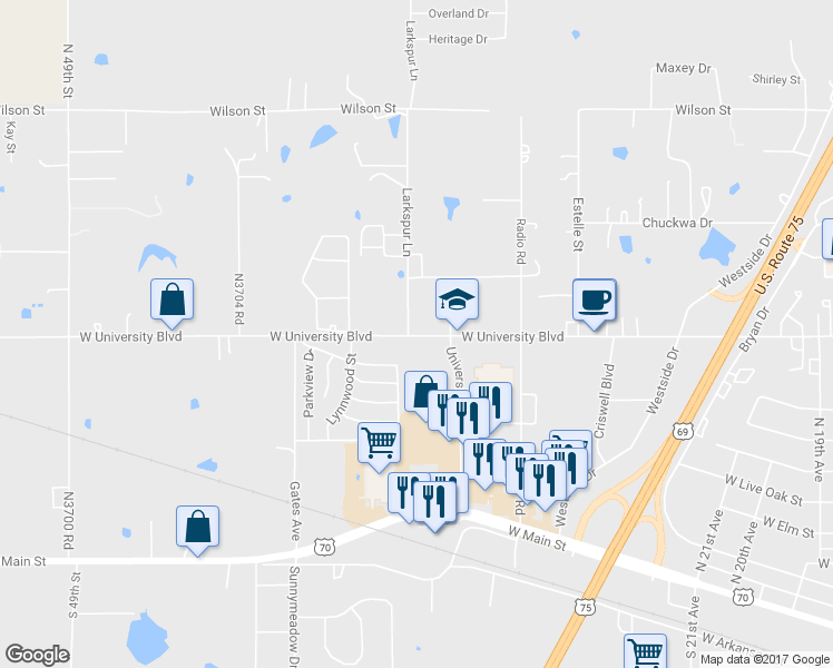 map of restaurants, bars, coffee shops, grocery stores, and more near 3412 W University Blvd in Durant
