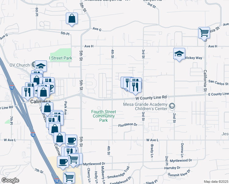 map of restaurants, bars, coffee shops, grocery stores, and more near 13697 4th Street in Yucaipa