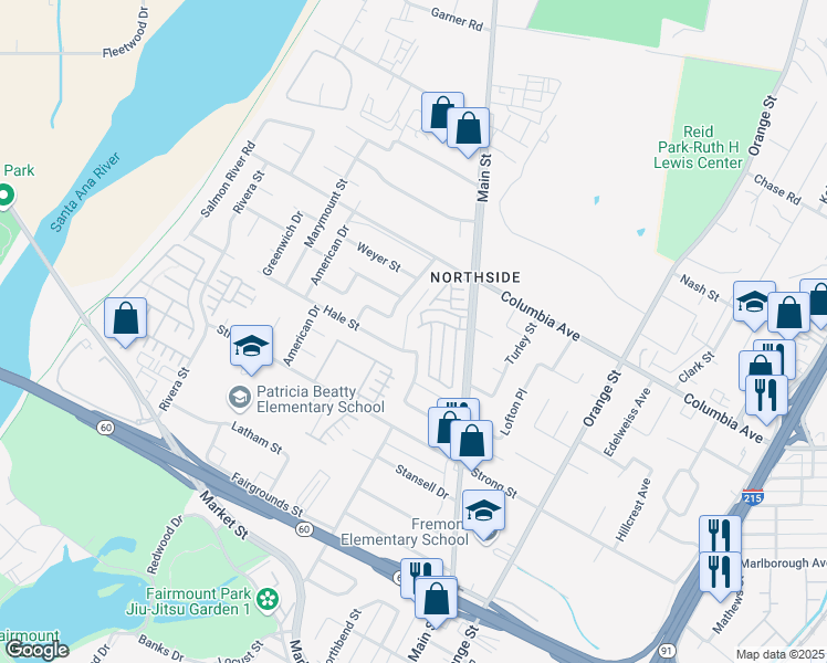 map of restaurants, bars, coffee shops, grocery stores, and more near 3893 Fairmount Boulevard in Riverside