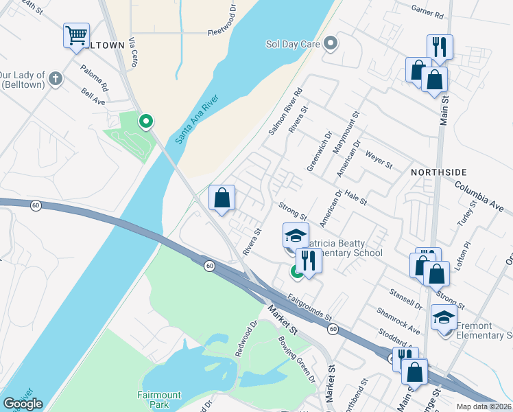 map of restaurants, bars, coffee shops, grocery stores, and more near 1779 Edmon Way in Riverside