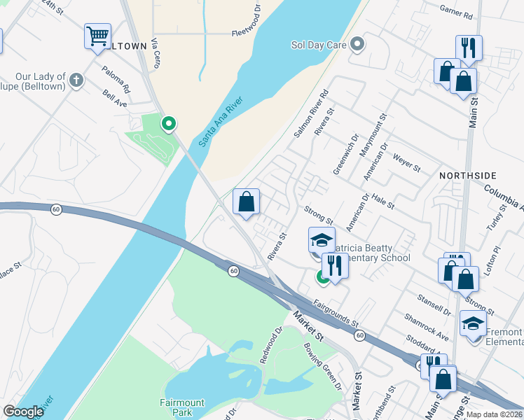 map of restaurants, bars, coffee shops, grocery stores, and more near 1796 Carrie Way in Riverside