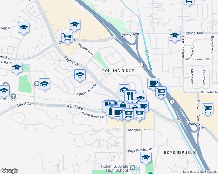 map of restaurants, bars, coffee shops, grocery stores, and more near 13592 Crescent Hill Drive in Chino Hills