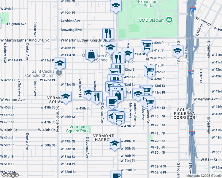 map of restaurants, bars, coffee shops, grocery stores, and more near 1040 West 43rd Street in Los Angeles