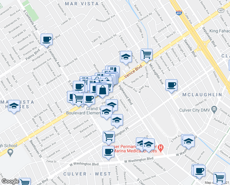 map of restaurants, bars, coffee shops, grocery stores, and more near 12103 Pacific Avenue in Los Angeles