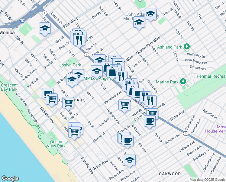 map of restaurants, bars, coffee shops, grocery stores, and more near 708 Hill Street in Santa Monica