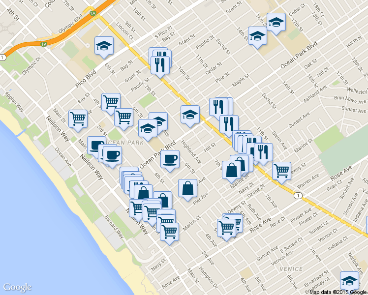 map of restaurants, bars, coffee shops, grocery stores, and more near 642 Copeland Court in Santa Monica