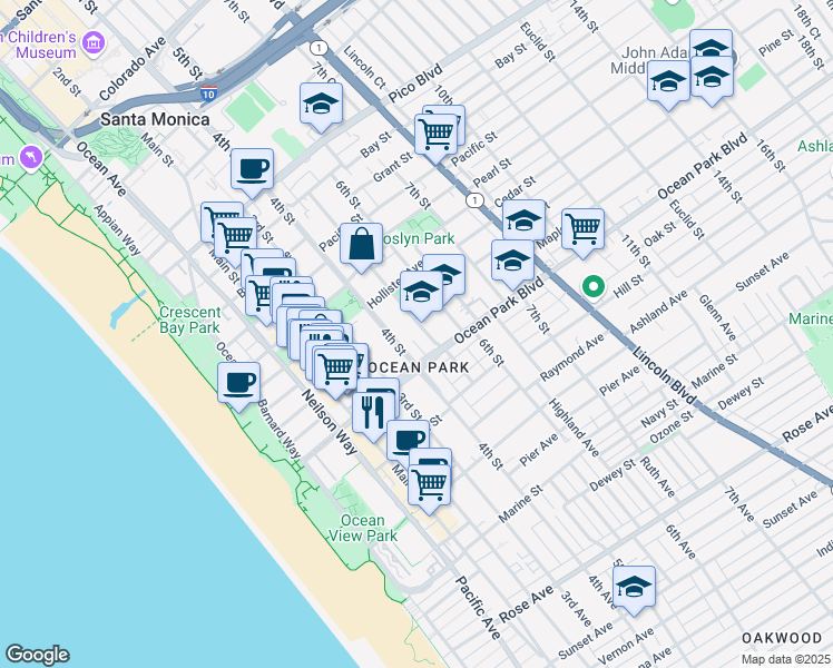 map of restaurants, bars, coffee shops, grocery stores, and more near 2434 5th Street in Santa Monica