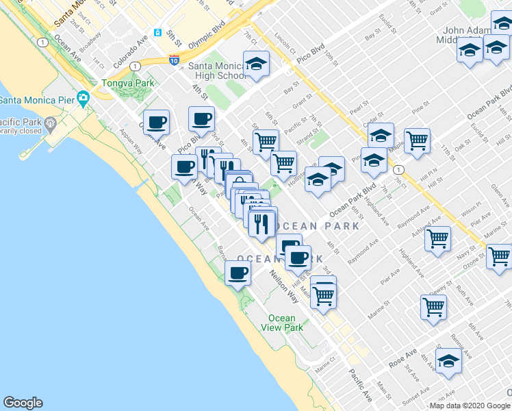map of restaurants, bars, coffee shops, grocery stores, and more near 239 Hollister Avenue in Santa Monica