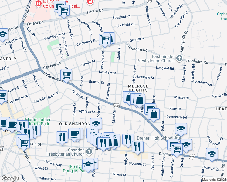 map of restaurants, bars, coffee shops, grocery stores, and more near 1205 Maple Street in Columbia