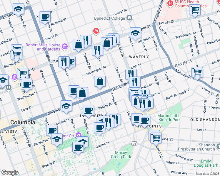 map of restaurants, bars, coffee shops, grocery stores, and more near 1865 Gervais Street in Columbia