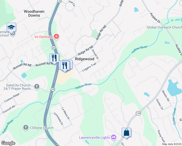 map of restaurants, bars, coffee shops, grocery stores, and more near 1112 Park Hollow Lane Northeast in Lawrenceville