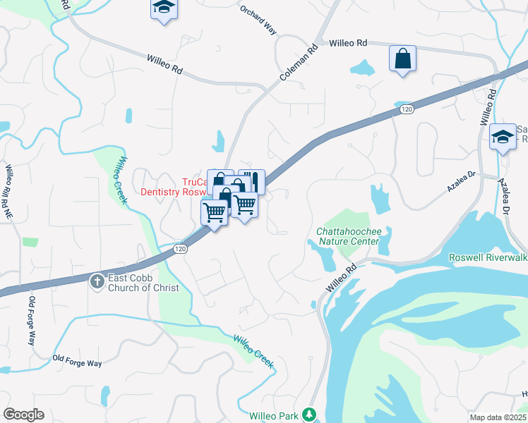 map of restaurants, bars, coffee shops, grocery stores, and more near 2028 Merrimont Way in Roswell