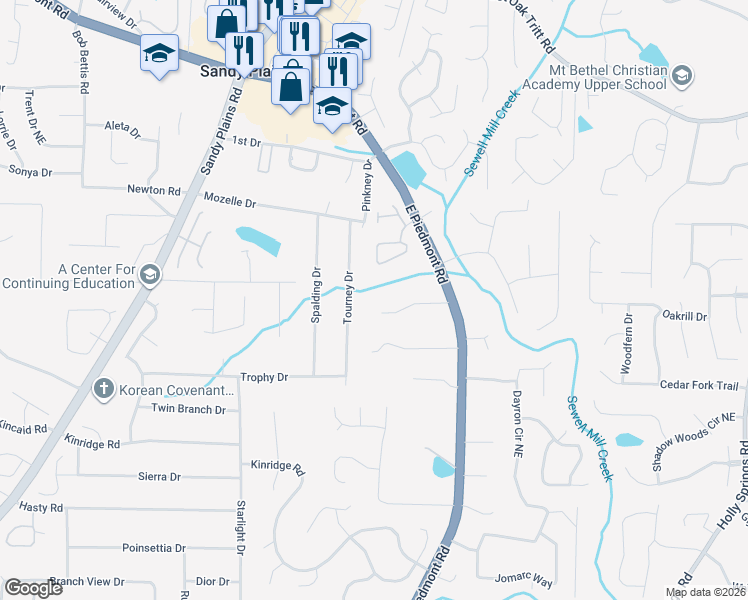 map of restaurants, bars, coffee shops, grocery stores, and more near 2200 Tourney Drive in Marietta