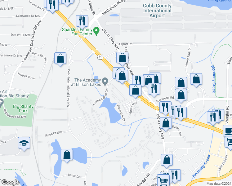 map of restaurants, bars, coffee shops, grocery stores, and more near 1865 Ellison Lakes Court in Kennesaw